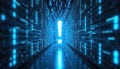 Glowing exclamation mark in digital tunnel of blue binary code streams. AI anomaly detection, emergency response concept.