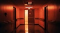 A Glowing Exit Label Above an Open Door. Way Out at the End of a Dark Room or Long Empty Corridor - New Possibilities, Hope