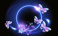 Glowing fairytale neon round frame with magical transparent butterflies and flowers. Abstract fantastic background Royalty Free Stock Photo