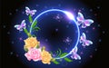 Glowing fairytale neon round frame with magical transparent butterflies and roses flowers. Abstract fantastic background Royalty Free Stock Photo