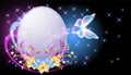 Glowing fairytale round frame with magical transparent butterfly and flowers. Abstract fantastic blue background Royalty Free Stock Photo