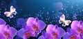 Glowing fantasy banner with magic butterflies with mysterious neon orchids and sparkle stars for flowers storefront design or