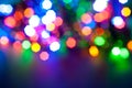 Glowing and festive colored light circles created from in camera and lens bokeh. Christmas fairy lights defocused giving a blurred