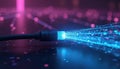 Glowing fiber optic cable emits blue light streams. Fast data transmission visuals create abstract network background. Modern Royalty Free Stock Photo