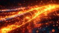 Glowing fiber optic cable emitting orange sparks of light, representing technology, internet connectivity, speed, communication Royalty Free Stock Photo