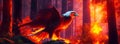 Glowing fiery eagle in a fantasy forest. Generative AI