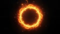 Glowing fiery ring spins in dark space. Bright orange flames create circular pattern. Abstract, creative, futuristic image. Royalty Free Stock Photo