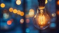 A glowing filament light bulb stands out against a backdrop of soft bokeh lights, symbolizing inspiration, innovation, and classic Royalty Free Stock Photo