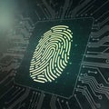 A glowing fingerprint pattern is embedded within a digital circuit board