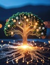 Glowing Fintech Tree on Circuit Board Roots Royalty Free Stock Photo