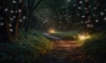 Glowing fireflies create fairy tale forest path Creating using generative AI tools