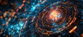 Glowing Firewall Icon with Swirling Data Lines Representing Strong Network Protection