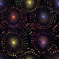 A glowing firework burst pattern, where circles explode into colorful sparkles on a deep night sky