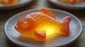A glowing fish-shaped dog treat styled on a white ceramic plate. background Royalty Free Stock Photo
