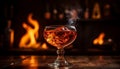 The glowing flame burned the wood table, whiskey and cigar generated by AI