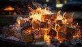 Glowing flame grills fresh meat for gourmet summer picnic generated by AI Royalty Free Stock Photo