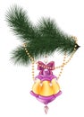 Glowing flashlight with a bow on the Christmas tree with beads and flowers Royalty Free Stock Photo