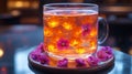 Glowing floral tea, relaxing evening, cozy cafe, drink Royalty Free Stock Photo
