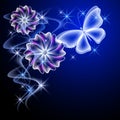 Glowing flowers and butterfly Royalty Free Stock Photo