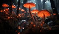 Glowing fly agaric mushroom in dark forest, dangerous beauty generated by AI Royalty Free Stock Photo