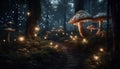 Glowing fly agaric mushroom in dark forest generated by AI Royalty Free Stock Photo