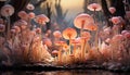 Glowing fly agaric mushroom decorates dark forest with beauty generated by AI Royalty Free Stock Photo