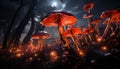 The glowing fly agaric mushroom decorates the dark forest generated by AI Royalty Free Stock Photo