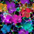 Glowing flying butterflies and flowers seamless pattern. Colorful ornamental glow background. Repeat beautiful vector backdrop. Royalty Free Stock Photo