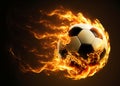 Glowing football ball burning on fire in orange flames with a tail of fire on one side visual representation of the speed Royalty Free Stock Photo