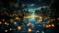 Glowing forest clearing with fireflies, fairies, and woodland creatures in magical celebration
