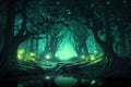 Glowing forest in the night. Fantasy art. Generative ai design