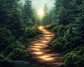 A Glowing Forest Trail Embark on a Transformative Spiritual Journey, Guided by a Distant Light Illuminating the Path Ahead