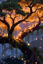 Glowing Forest Tree With Birds Resting Among Warm Floating Lights Royalty Free Stock Photo