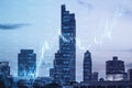 Glowing forex index chart/graph on toned  city background. Trade, finance and market concept Double exposure Royalty Free Stock Photo