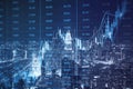 Glowing forex index chart/graph on toned city wallpaper. Trade, finance and market concept Double exposure Royalty Free Stock Photo