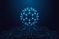 Glowing fullerene nanostructure sphere connected to circuit board futuristic science vector Royalty Free Stock Photo