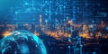A glowing futuristic AI-powered climate engineering system, featuring cybernetic weather