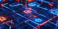 A glowing futuristic AI-powered financial security system, featuring cybernetic blockchain