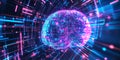 A glowing futuristic AI-powered neurotechnology interface, featuring cybernetic direct