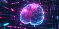 A glowing futuristic AI-powered neurotechnology interface, featuring cybernetic direct