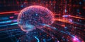 A glowing futuristic AI-powered neurotechnology interface, featuring cybernetic direct