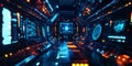 A glowing futuristic AI-powered space station, displaying cybernetic holographic astronaut