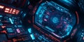 A glowing futuristic AI-powered space station, displaying cybernetic holographic astronaut