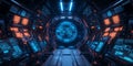 A glowing futuristic AI-powered space station, displaying cybernetic holographic astronaut