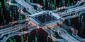 Glowing futuristic circuit board with central processor and illuminated pathways technology Royalty Free Stock Photo