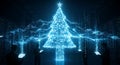 A glowing, futuristic cybernetic Christmas Tree projects data representing digital assets onto silhouettes viewing tablets in a da Royalty Free Stock Photo