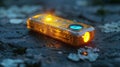 A glowing futuristic device with orange lights resting on a dark textured surface Royalty Free Stock Photo