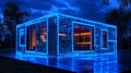 Glowing futuristic modular house with a blue neon frame, surrounded by a dark forest, symbolizing smart housing innovation, IoT