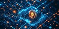 A glowing futuristic representation of AI-powered cybersecurity defense, featuring cybernetic