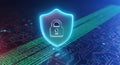 Cybersecurity Shield Icon with Padlock on Digital Circuit Board. Illustrates Data Protection, Network Security, and Internet Priva Royalty Free Stock Photo